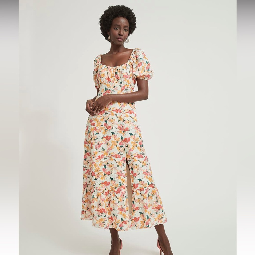 RW&CO Puff Sleeve Linen Midi Dress, Size 16